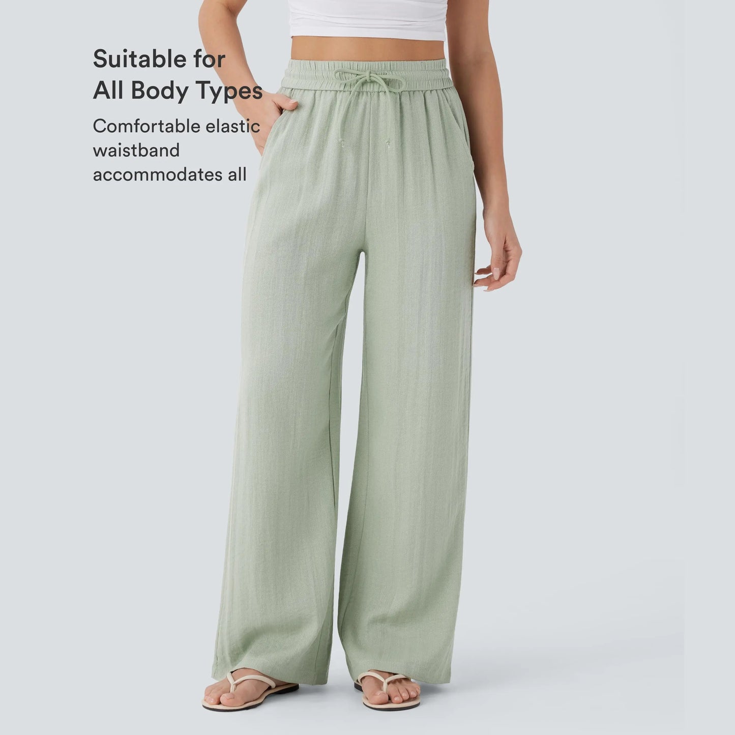 High Waisted Drawstring Pocket Wide Leg Baggy Casual Linen-Feel Pants