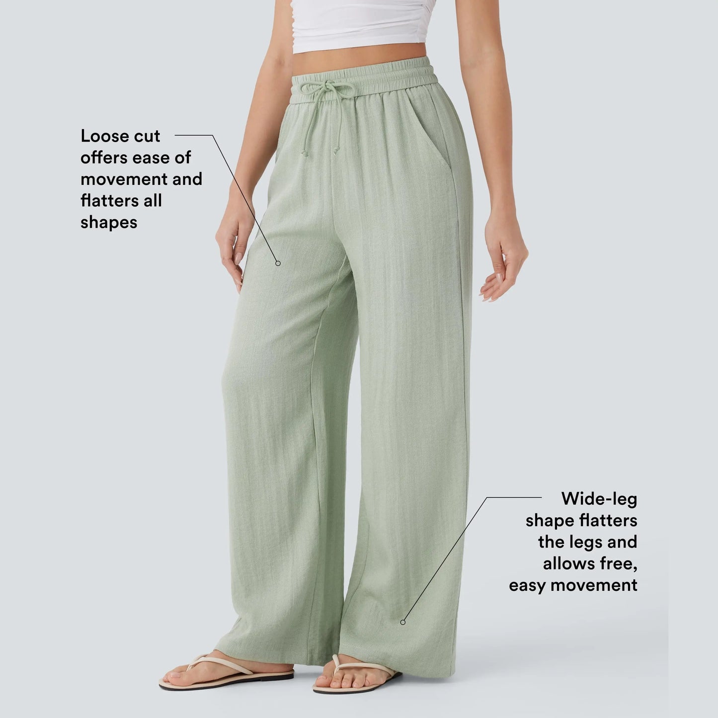 High Waisted Drawstring Pocket Wide Leg Baggy Casual Linen-Feel Pants