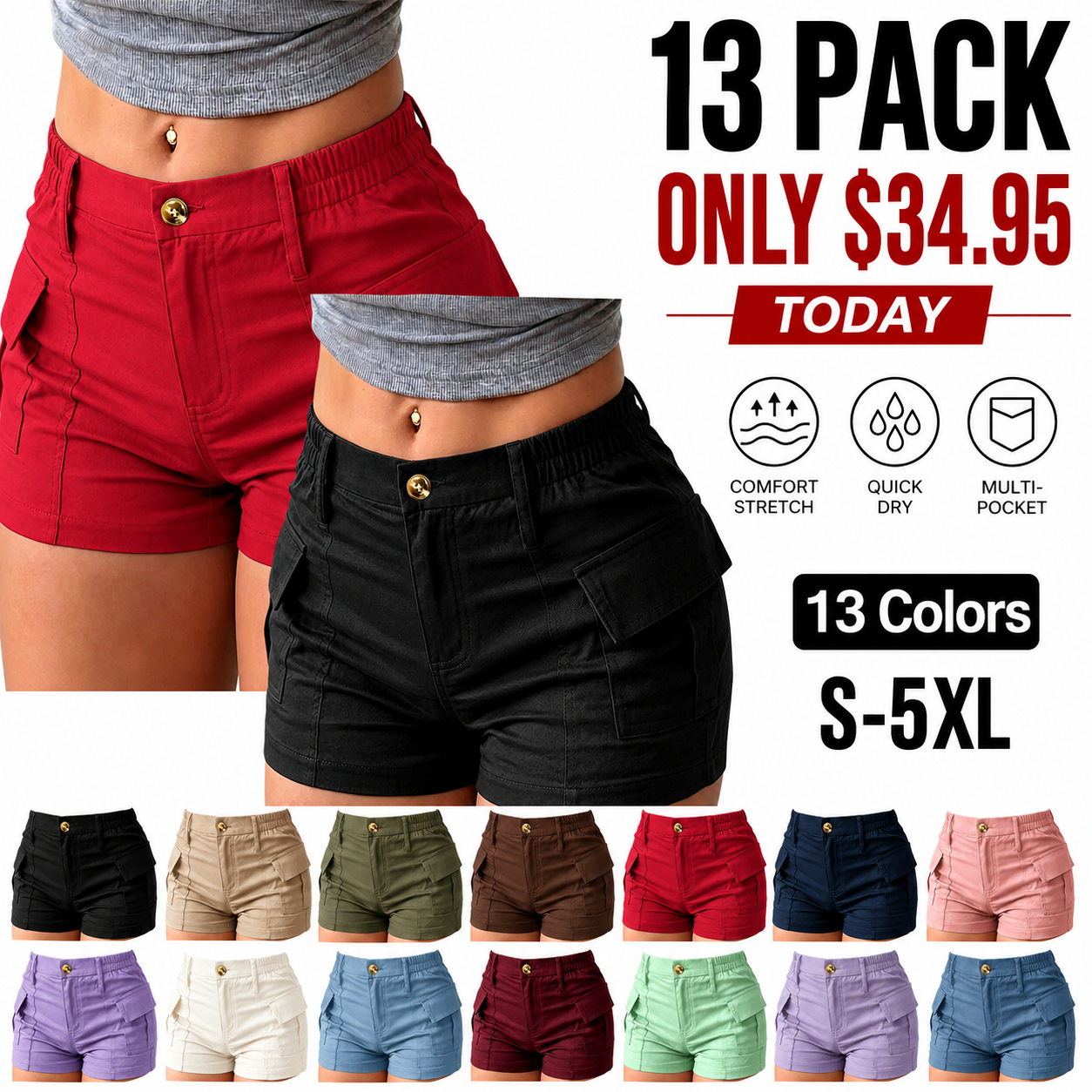 Women’s summer cargo shorts featuring a button waist and large pockets