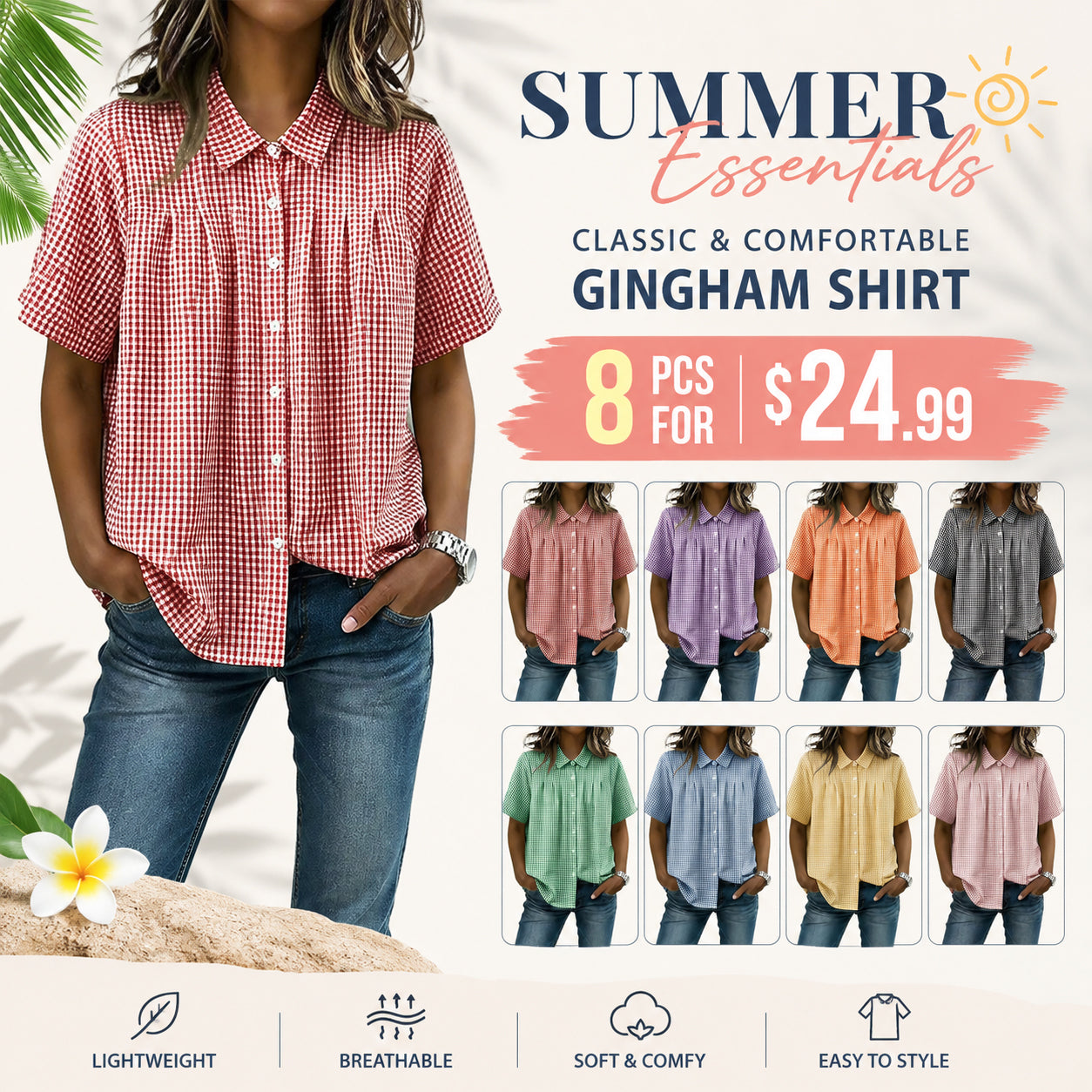 Women's Casual Gingham Checkered Shirt - Relaxed Fit Plaid Blouse