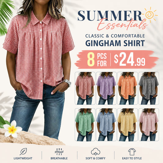 Women's Casual Gingham Checkered Shirt - Relaxed Fit Plaid Blouse