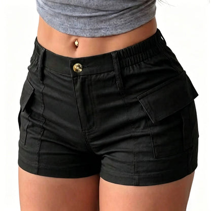 Women’s summer cargo shorts featuring a button waist and large pockets