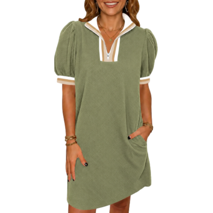 🔥 BIG SALE, Limited Stock! Shop the Women's Summer Puff Sleeve Mini Dress with a Stylish Quarter-Zip V-Neck, Textured Fabric, and Comfortable Loose Fit — Perfect for Everyday Summer Wear! ☀️👗✨💖🛍️