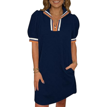 🔥 BIG SALE, Limited Stock! Shop the Women's Summer Puff Sleeve Mini Dress with a Stylish Quarter-Zip V-Neck, Textured Fabric, and Comfortable Loose Fit — Perfect for Everyday Summer Wear! ☀️👗✨💖🛍️