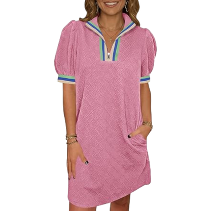 🔥 BIG SALE, Limited Stock! Shop the Women's Summer Puff Sleeve Mini Dress with a Stylish Quarter-Zip V-Neck, Textured Fabric, and Comfortable Loose Fit — Perfect for Everyday Summer Wear! ☀️👗✨💖🛍️