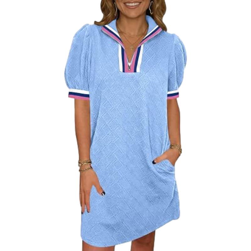 🔥 BIG SALE, Limited Stock! Shop the Women's Summer Puff Sleeve Mini Dress with a Stylish Quarter-Zip V-Neck, Textured Fabric, and Comfortable Loose Fit — Perfect for Everyday Summer Wear! ☀️👗✨💖🛍️