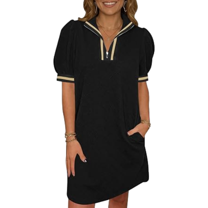 🔥 BIG SALE, Limited Stock! Shop the Women's Summer Puff Sleeve Mini Dress with a Stylish Quarter-Zip V-Neck, Textured Fabric, and Comfortable Loose Fit — Perfect for Everyday Summer Wear! ☀️👗✨💖🛍️