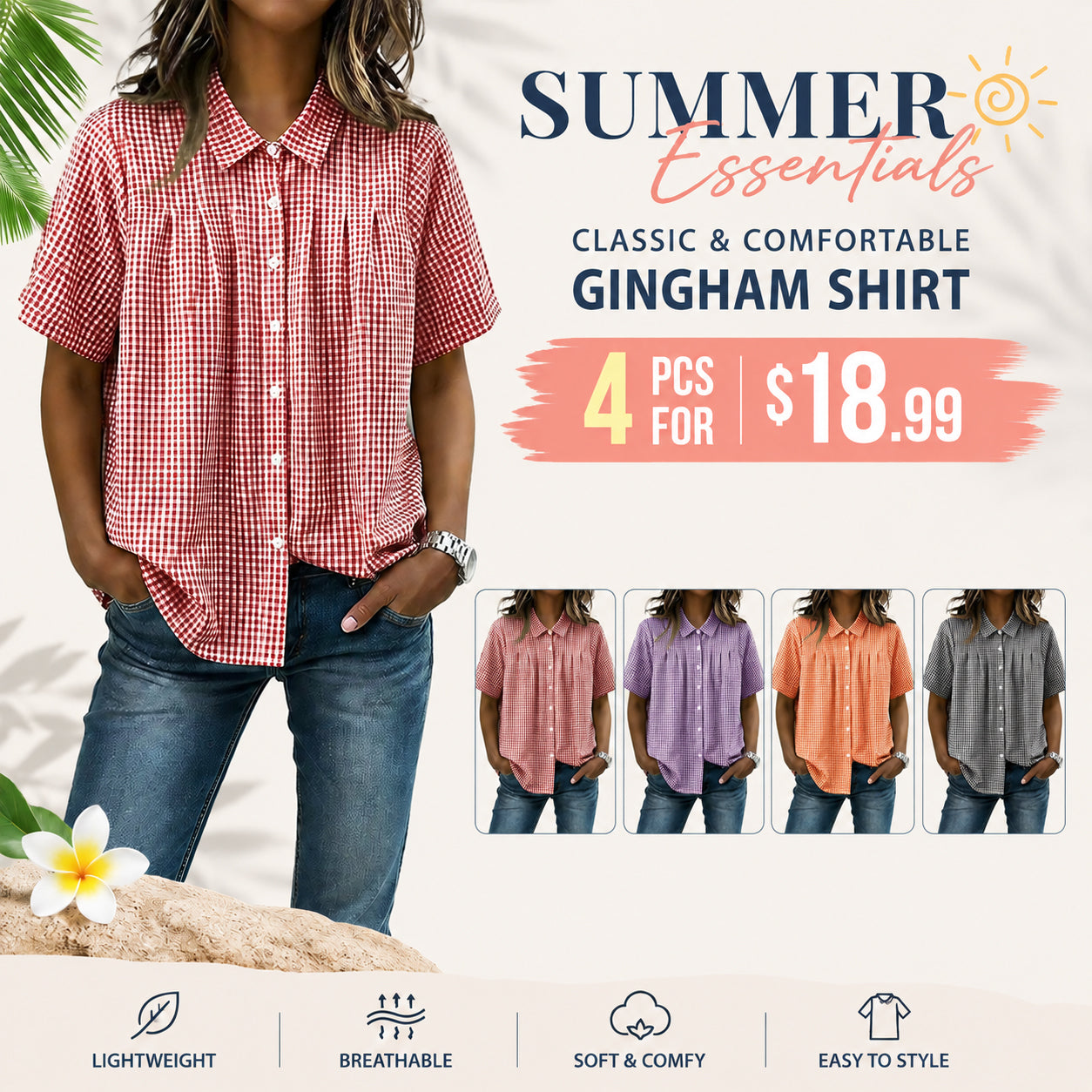 Women's Casual Gingham Checkered Shirt - Relaxed Fit Plaid Blouse