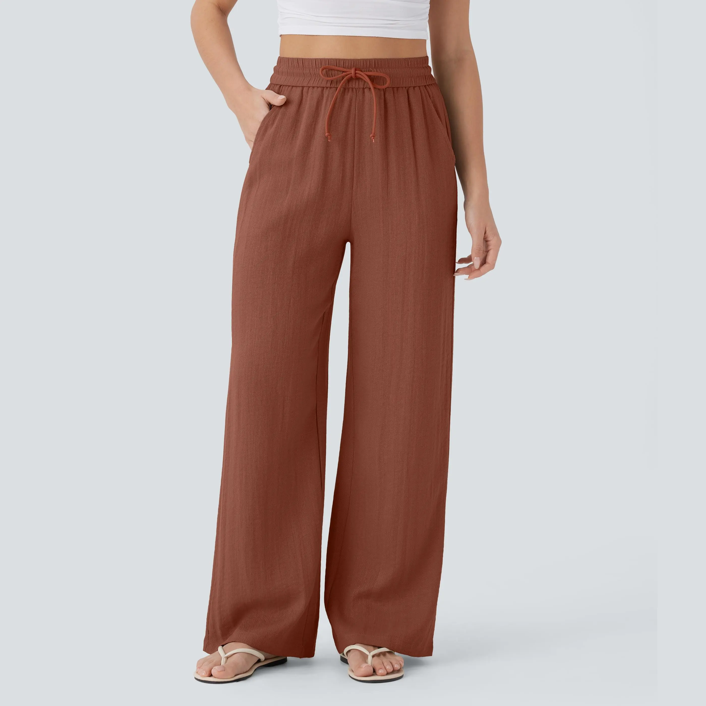 High Waisted Drawstring Pocket Wide Leg Baggy Casual Linen-Feel Pants