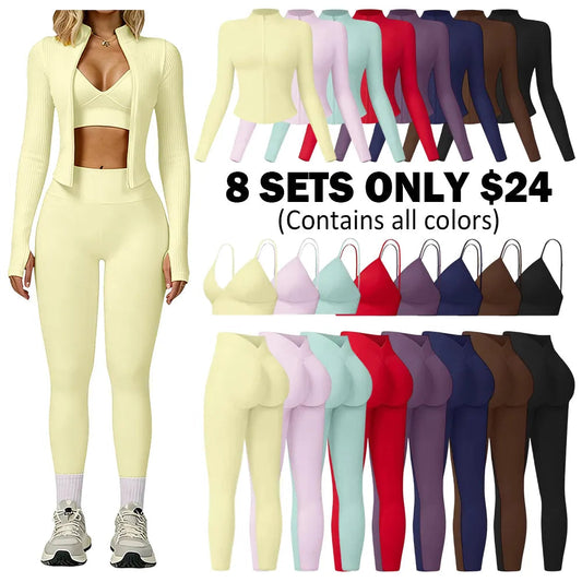Women's tank top, high-waisted leggings, and zip-up jacket 3-piece sportswear set.