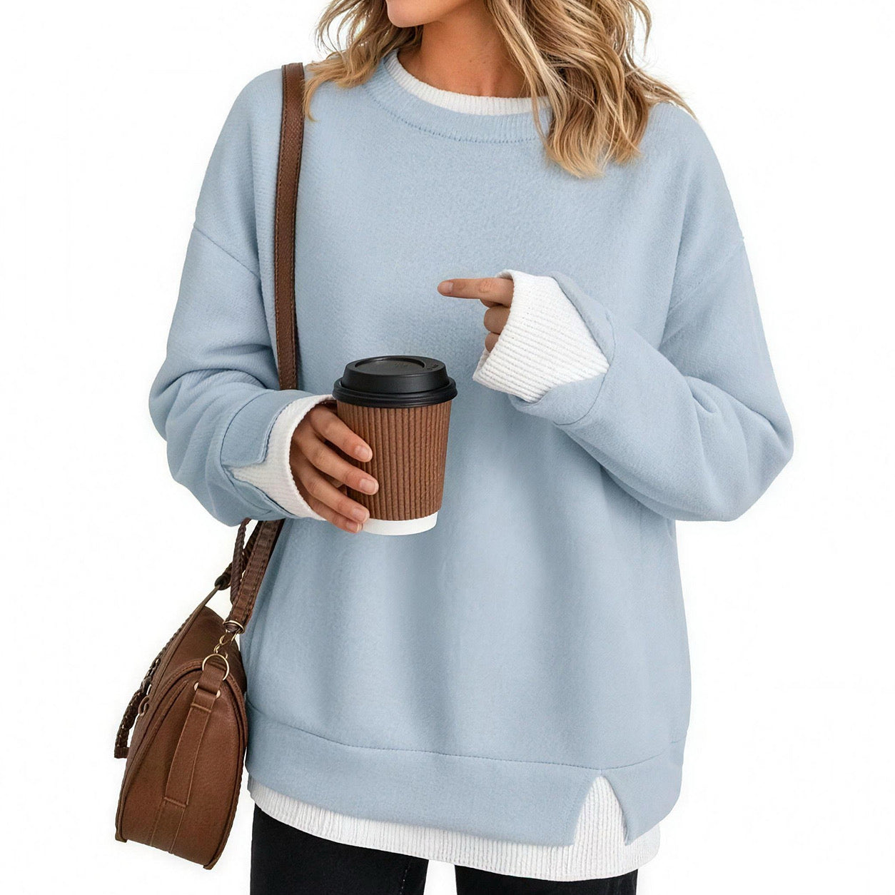 Women's Fake Two Piece Layered Sweatshirt, Crew Neck White Ribbed Cuff & Hem Patchwork Drop Shoulder Oversized Long Sleeve Pullover Top Hoodie Hoodie Fit Casual.