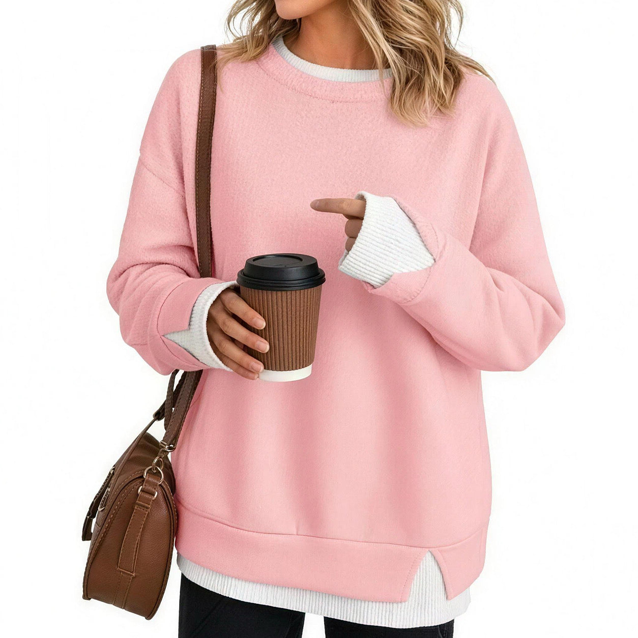Women's Fake Two Piece Layered Sweatshirt, Crew Neck White Ribbed Cuff & Hem Patchwork Drop Shoulder Oversized Long Sleeve Pullover Top Hoodie Hoodie Fit Casual.