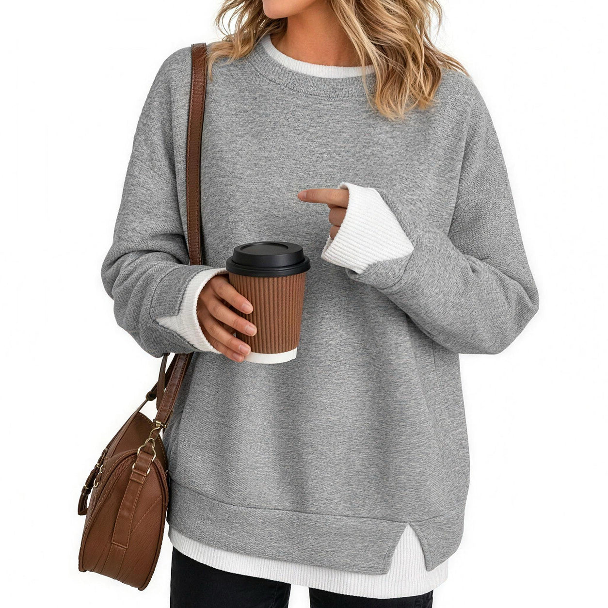 Women's Fake Two Piece Layered Sweatshirt, Crew Neck White Ribbed Cuff & Hem Patchwork Drop Shoulder Oversized Long Sleeve Pullover Top Hoodie Hoodie Fit Casual.