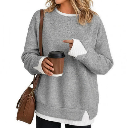 Women's Fake Two Piece Layered Sweatshirt, Crew Neck White Ribbed Cuff & Hem Patchwork Drop Shoulder Oversized Long Sleeve Pullover Top Hoodie Hoodie Fit Casual.