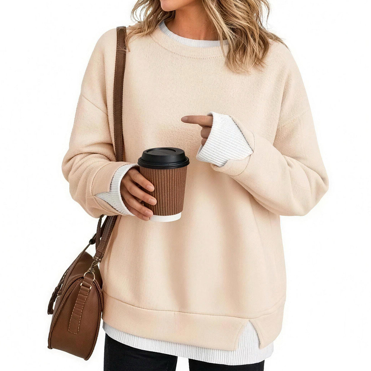 Women's Fake Two Piece Layered Sweatshirt, Crew Neck White Ribbed Cuff & Hem Patchwork Drop Shoulder Oversized Long Sleeve Pullover Top Hoodie Hoodie Fit Casual.