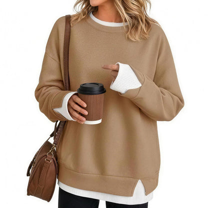 Women's Fake Two Piece Layered Sweatshirt, Crew Neck White Ribbed Cuff & Hem Patchwork Drop Shoulder Oversized Long Sleeve Pullover Top Hoodie Hoodie Fit Casual.