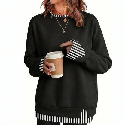 Women's Fake Two Piece Layered Sweatshirt, Crew Neck White Ribbed Cuff & Hem Patchwork Drop Shoulder Oversized Long Sleeve Pullover Top Hoodie Hoodie Fit Casual.