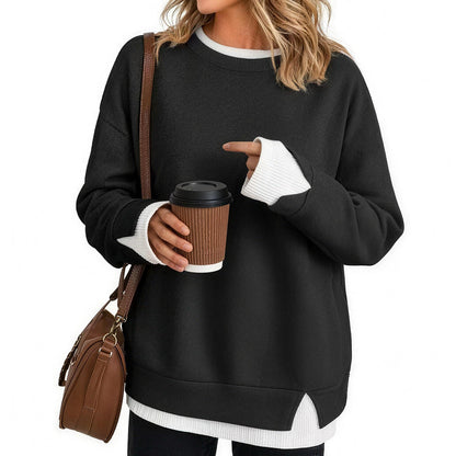 Women's Fake Two Piece Layered Sweatshirt, Crew Neck White Ribbed Cuff & Hem Patchwork Drop Shoulder Oversized Long Sleeve Pullover Top Hoodie Hoodie Fit Casual.
