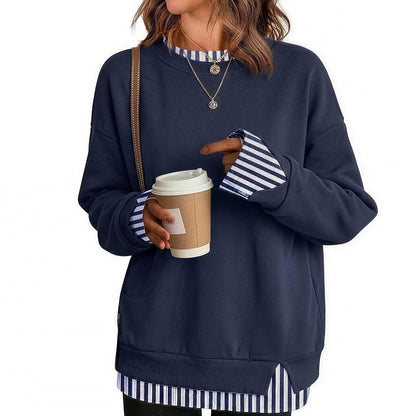 Women's Fake Two Piece Layered Sweatshirt, Crew Neck White Ribbed Cuff & Hem Patchwork Drop Shoulder Oversized Long Sleeve Pullover Top Hoodie Hoodie Fit Casual.