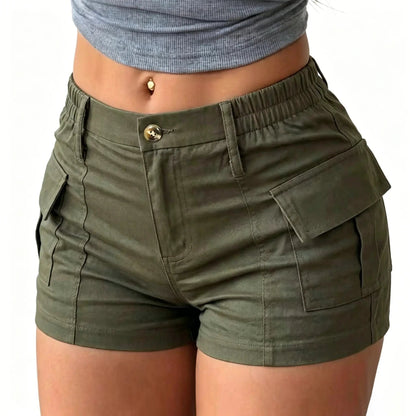 Women’s summer cargo shorts featuring a button waist and large pockets