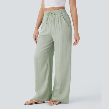High Waisted Drawstring Pocket Wide Leg Baggy Casual Linen-Feel Pants