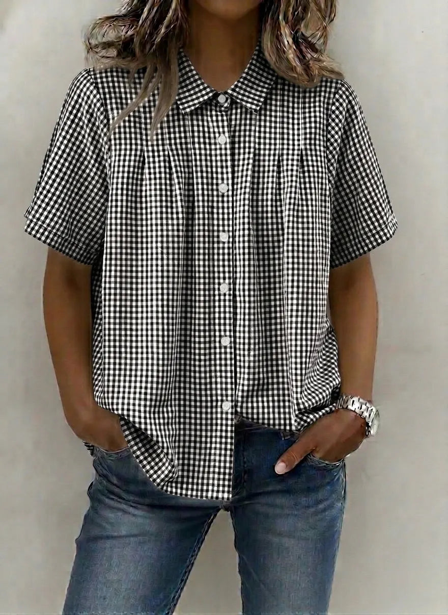 Women's Casual Gingham Checkered Shirt - Relaxed Fit Plaid Blouse