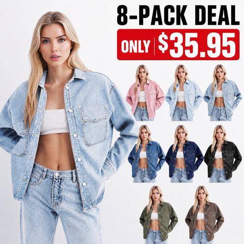 Women’s Oversized Denim Shacket Washed Denim Jacket Button Front Casual Long Sleeve Layering Outerwear