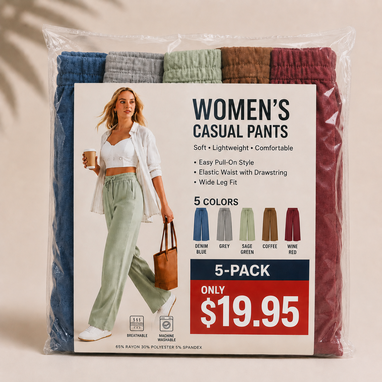 High Waisted Drawstring Pocket Wide Leg Baggy Casual Linen-Feel Pants