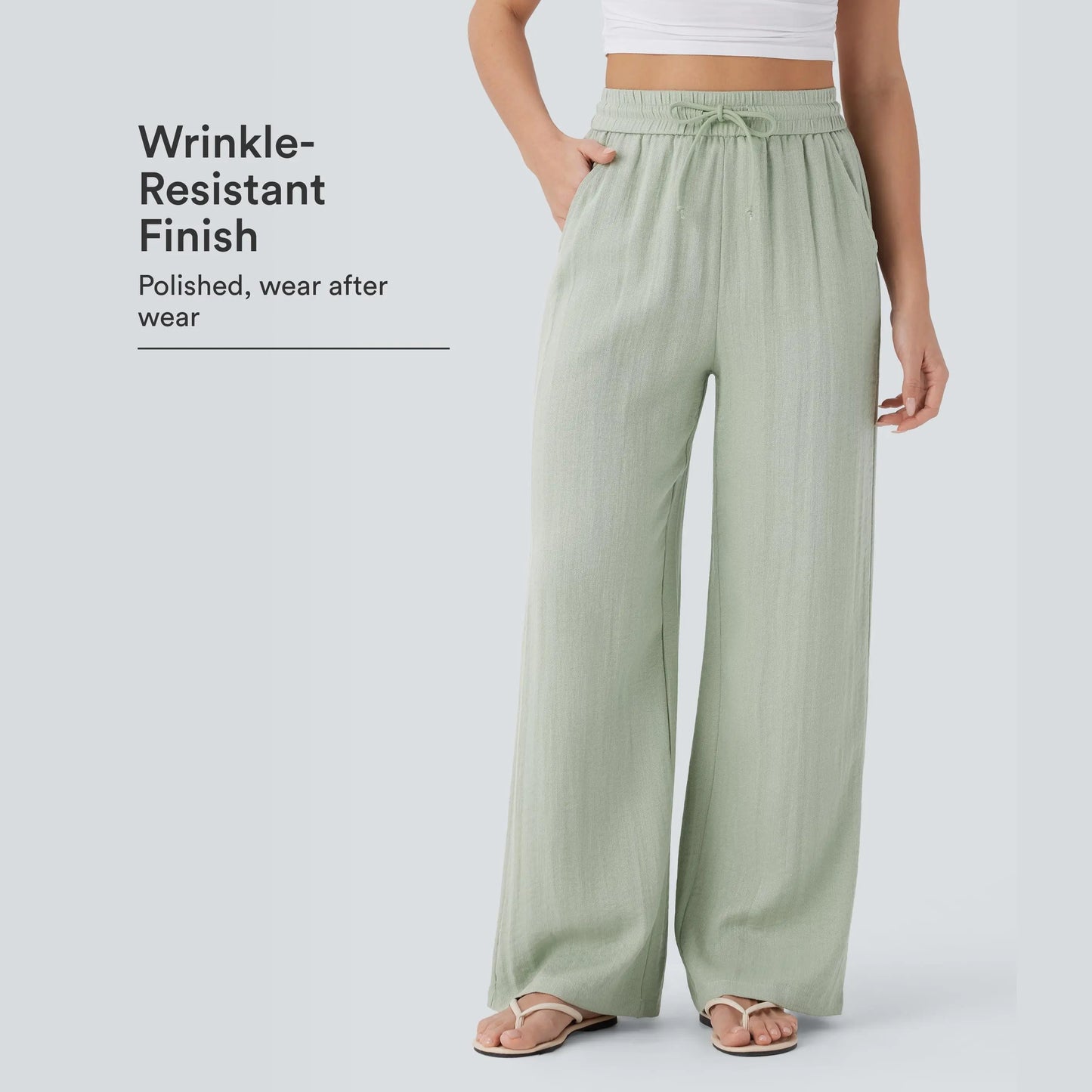High Waisted Drawstring Pocket Wide Leg Baggy Casual Linen-Feel Pants