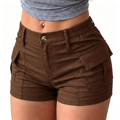 Women’s summer cargo shorts featuring a button waist and large pockets