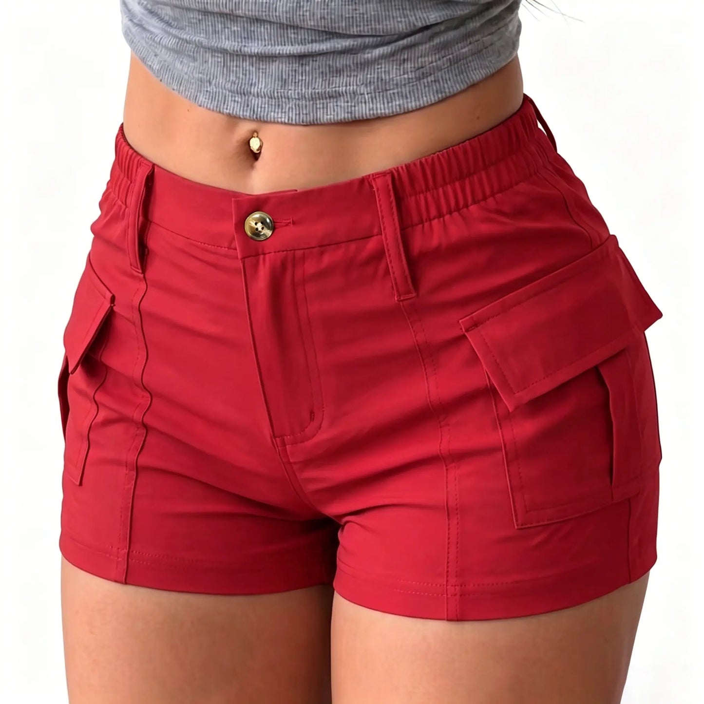 Women’s summer cargo shorts featuring a button waist and large pockets