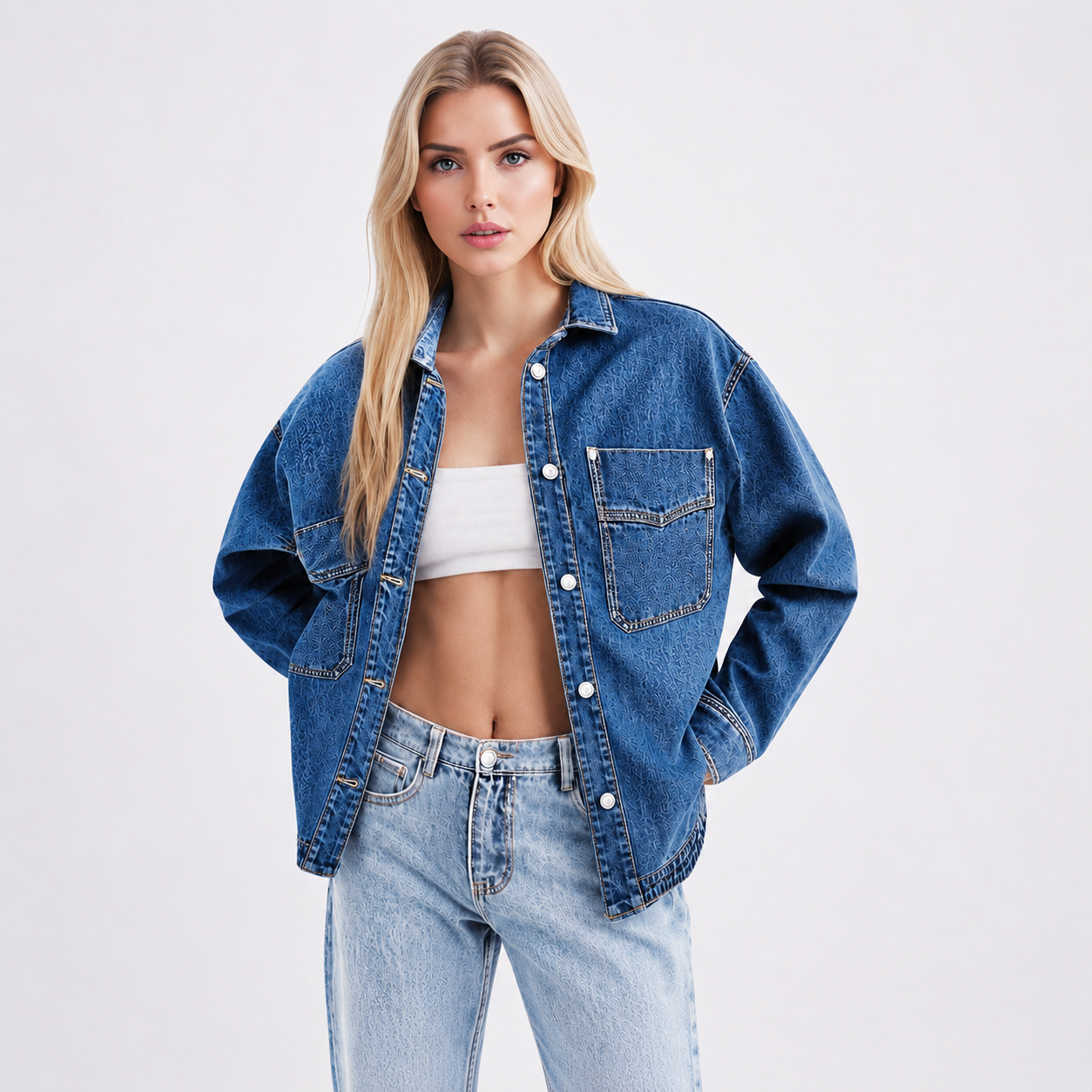 Women’s Oversized Denim Shacket Washed Denim Jacket Button Front Casual Long Sleeve Layering Outerwear