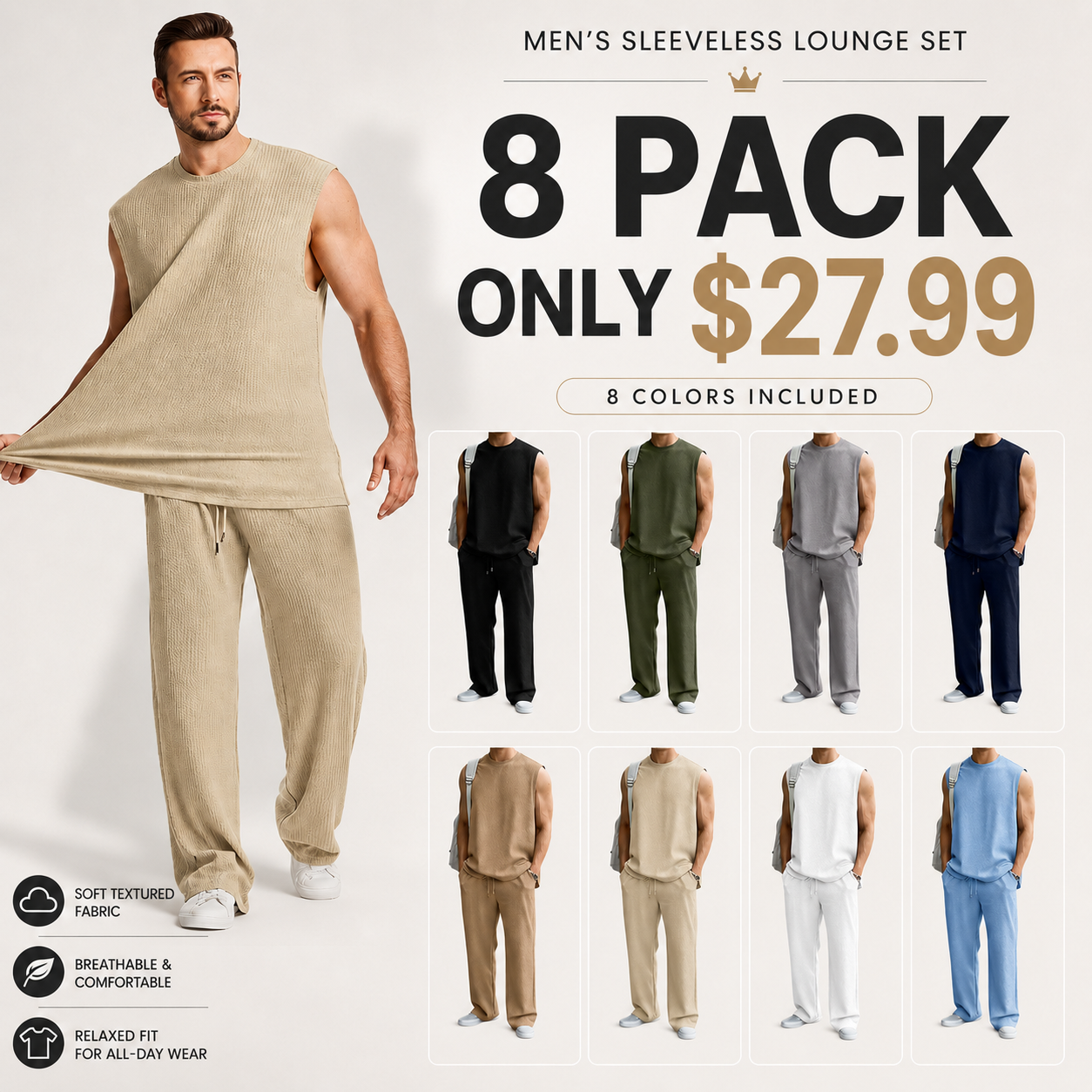 🔥 Limited-Time Sale ✨ Men’s 2-Piece Rib Knit Set | Sleeveless Tank + Wide Leg Pants 🌴