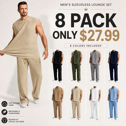 🔥 Limited-Time Sale ✨ Men’s 2-Piece Rib Knit Set | Sleeveless Tank + Wide Leg Pants 🌴
