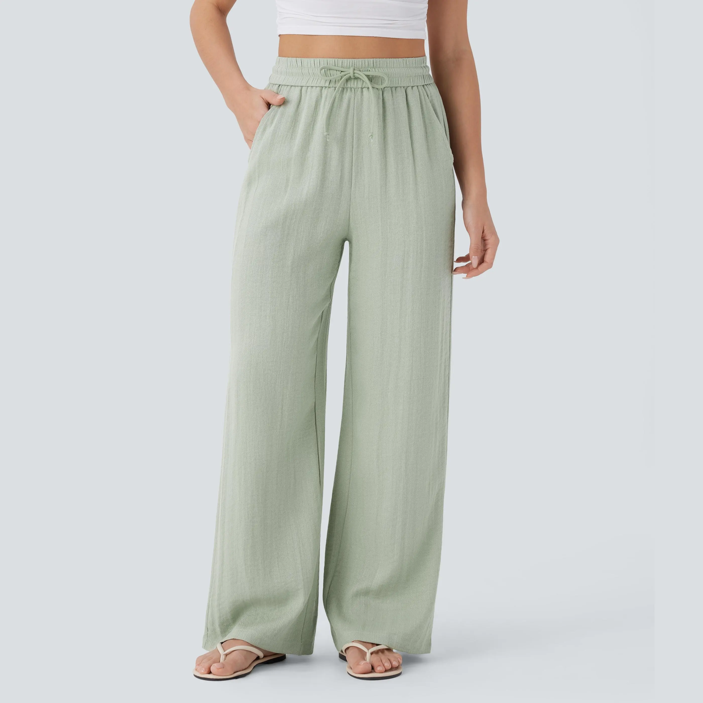 High Waisted Drawstring Pocket Wide Leg Baggy Casual Linen-Feel Pants