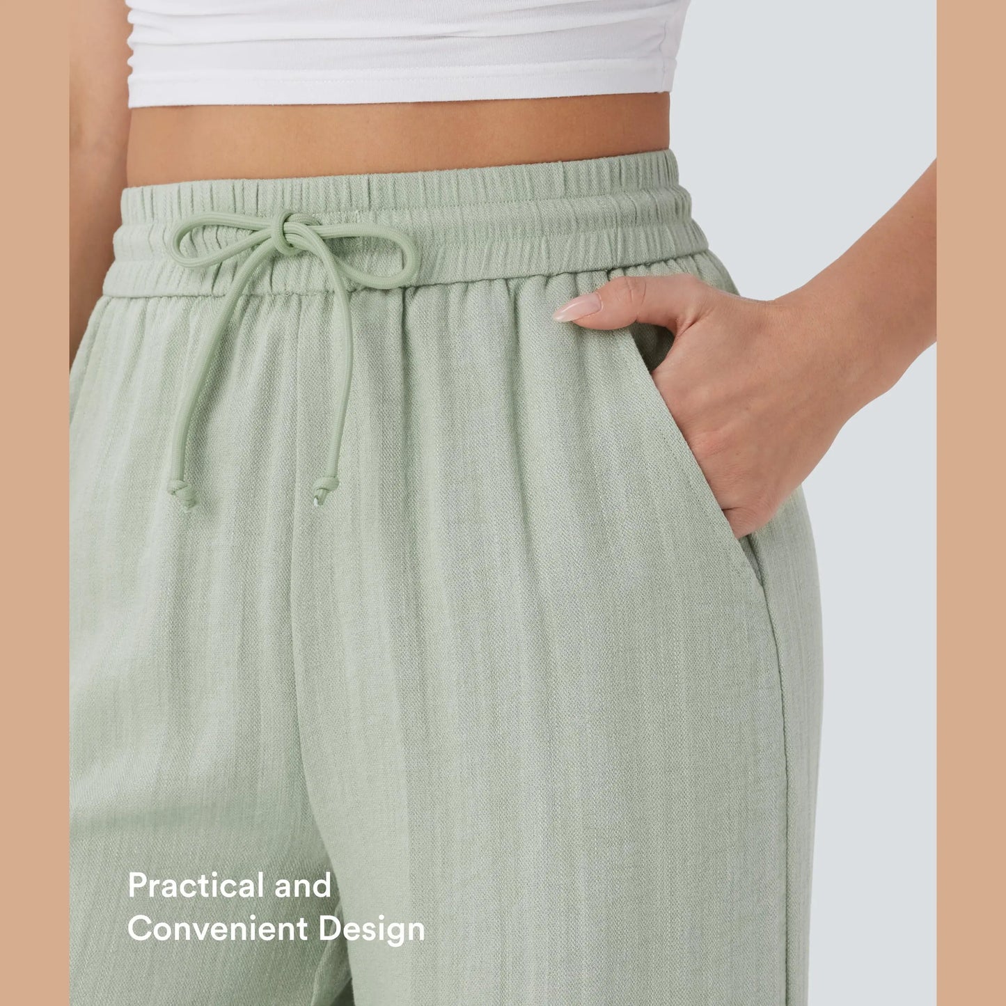 High Waisted Drawstring Pocket Wide Leg Baggy Casual Linen-Feel Pants