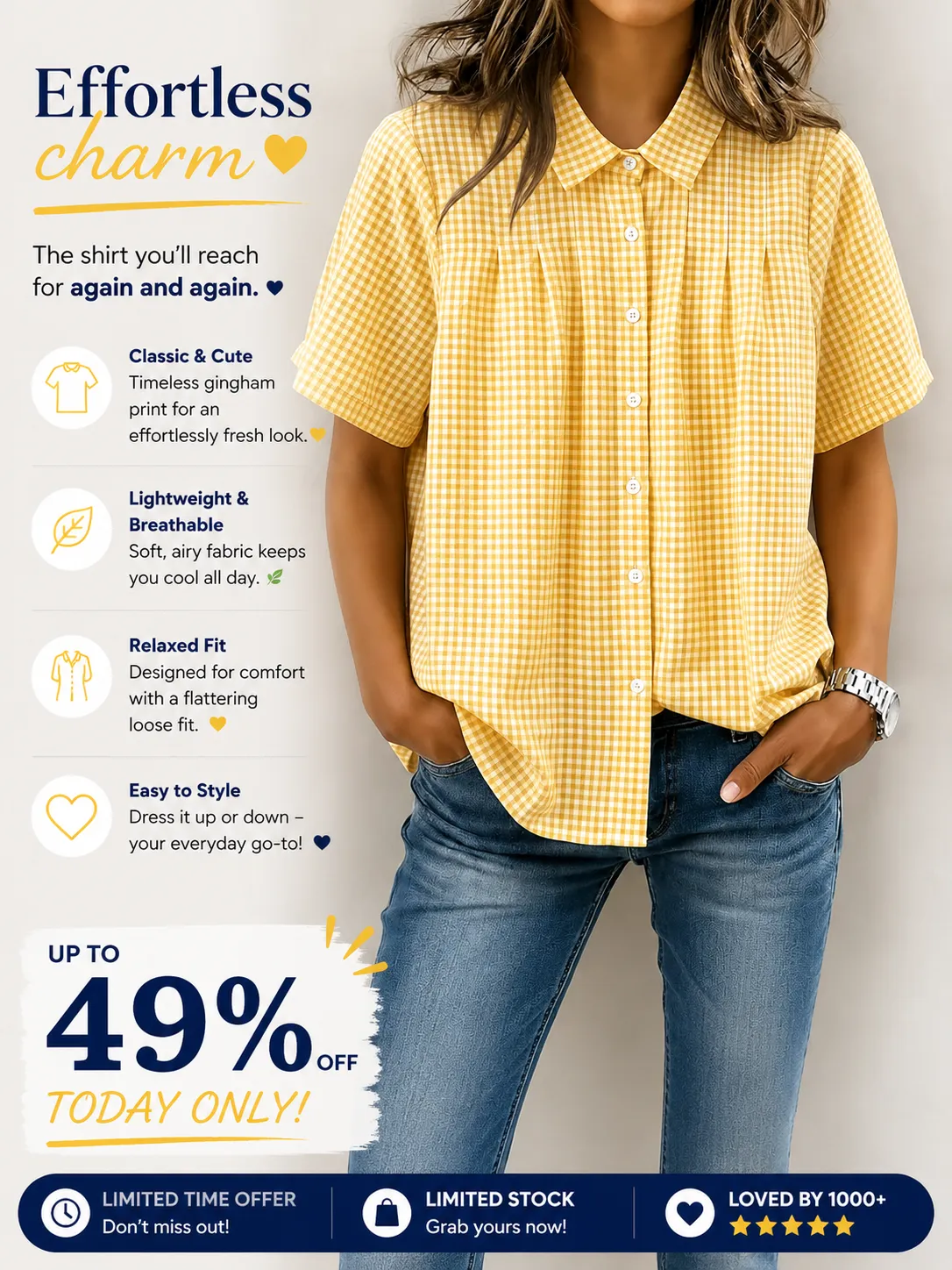 Women's Casual Gingham Checkered Shirt - Relaxed Fit Plaid Blouse
