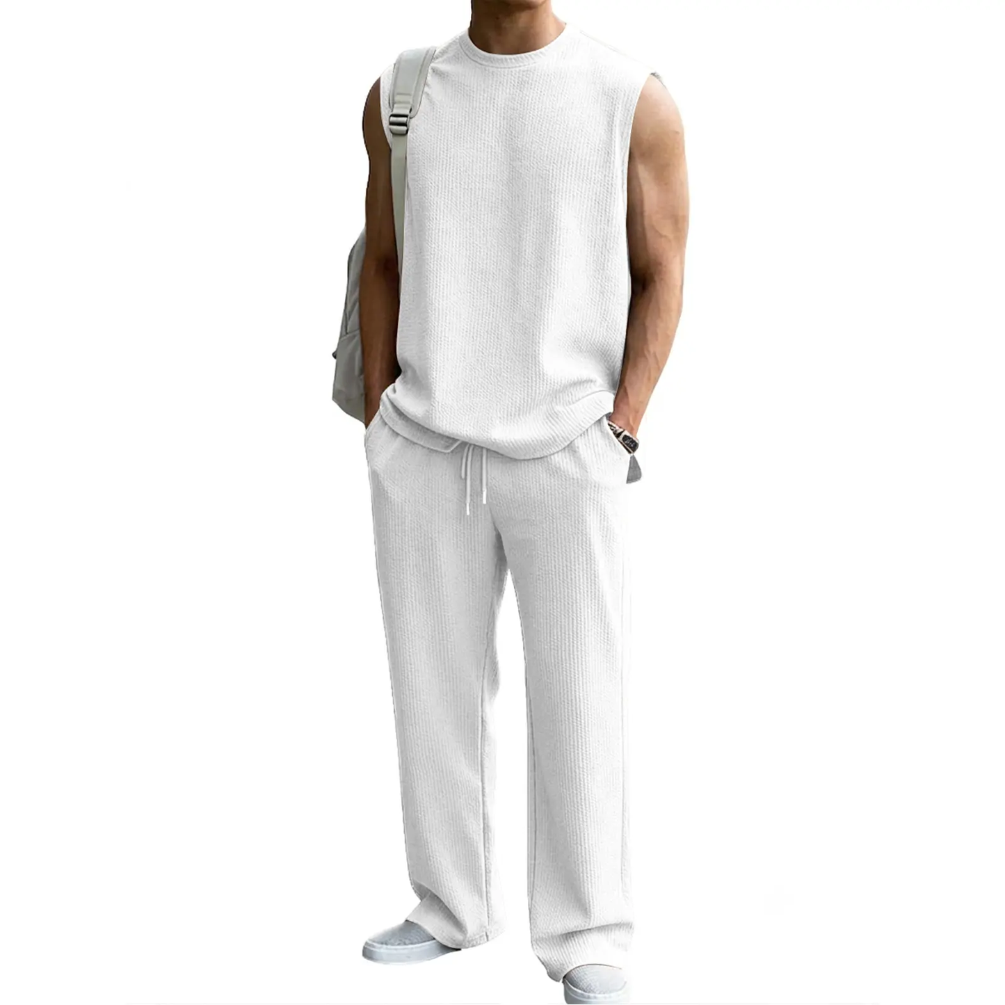 🔥 Limited-Time Sale ✨ Men’s 2-Piece Rib Knit Set | Sleeveless Tank + Wide Leg Pants 🌴
