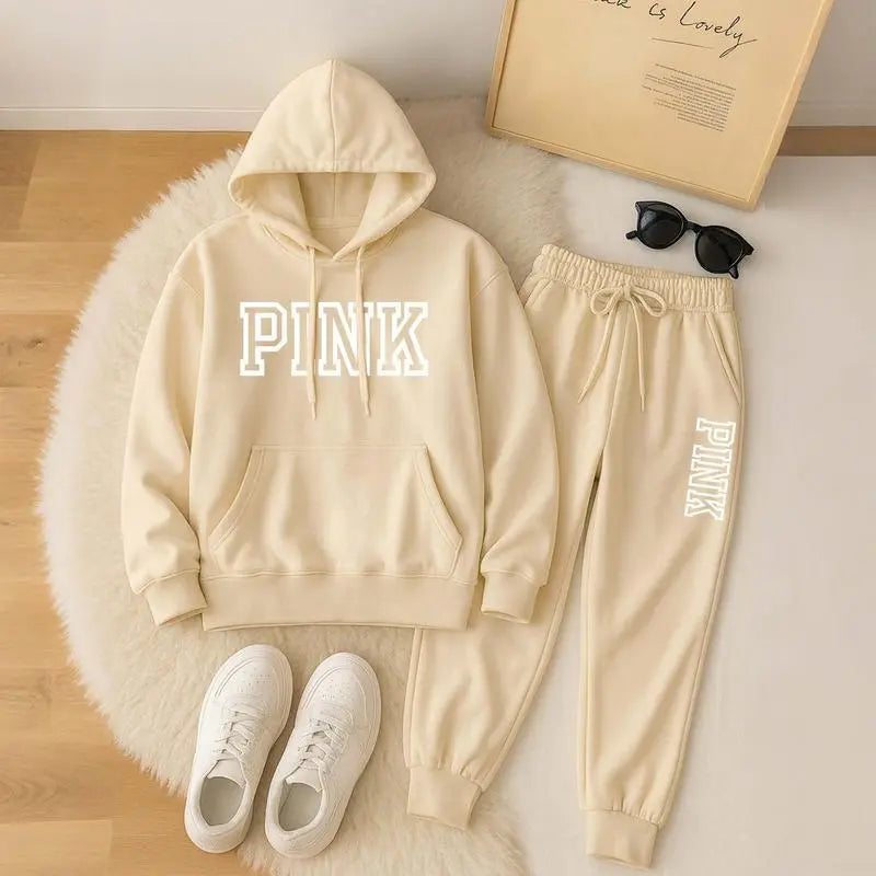 Women's Casual Printed Hoodie & Drawstring Jogger Pants Set