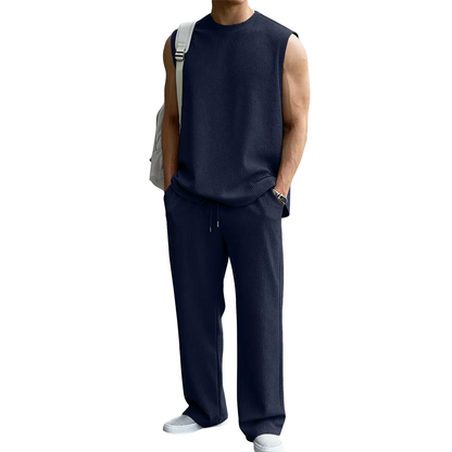 🔥 Limited-Time Sale ✨ Men’s 2-Piece Rib Knit Set | Sleeveless Tank + Wide Leg Pants 🌴