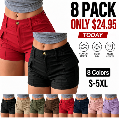 Women’s summer cargo shorts featuring a button waist and large pockets