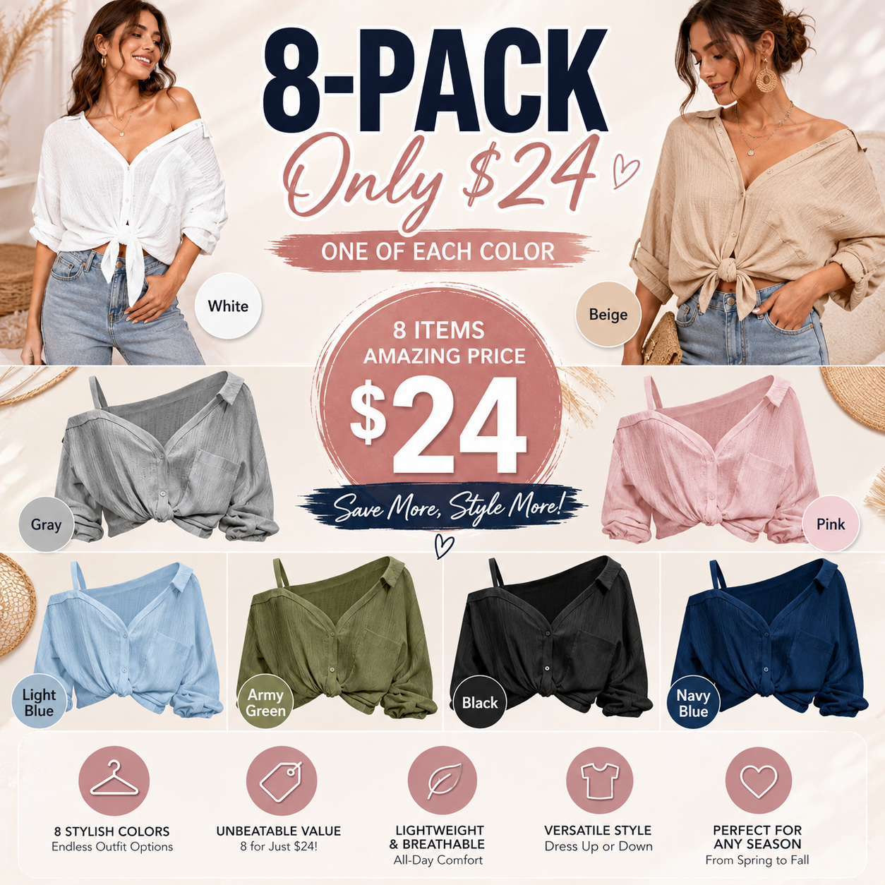 💖Limited Time $24 Bundle Deal💖 – 8pcs Women’s Asymmetric Cold Shoulder Blouse, Elegant Spring Summer Casual Tops