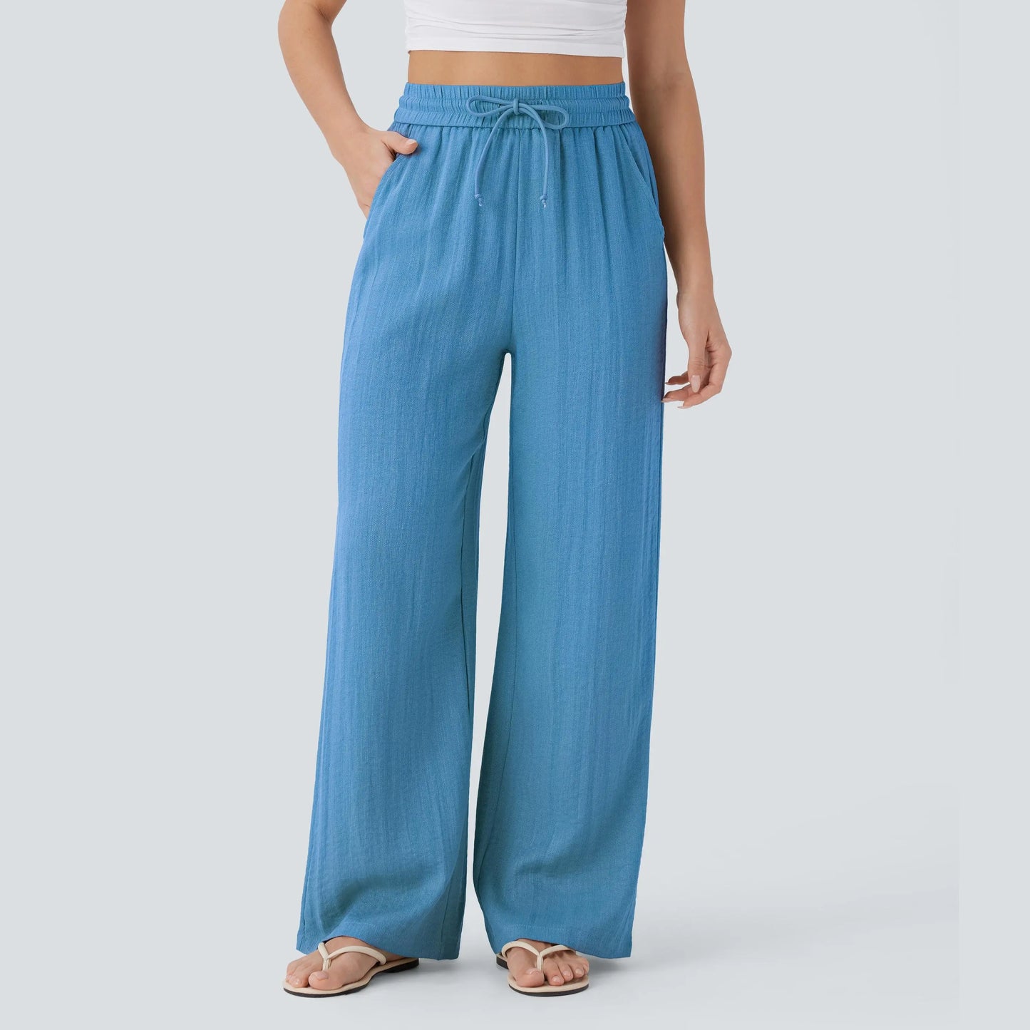 High Waisted Drawstring Pocket Wide Leg Baggy Casual Linen-Feel Pants