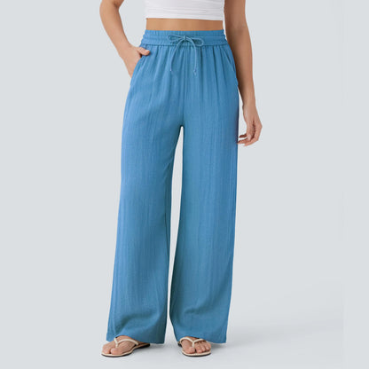 High Waisted Drawstring Pocket Wide Leg Baggy Casual Linen-Feel Pants