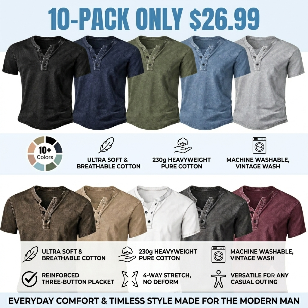 Men’s Vintage Acid-Wash Henley T-Shirt