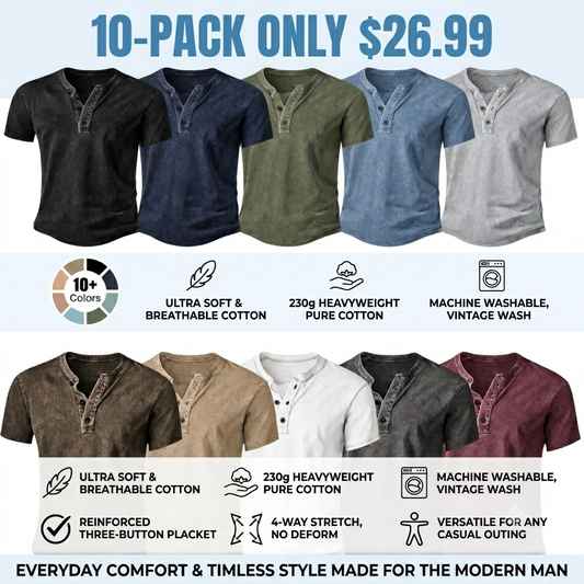 Men’s Vintage Acid-Wash Henley T-Shirt