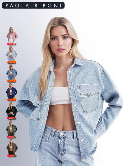Women’s Denim Shacket Jacket, Oversized Button Down Jean Shirt Jacket with Chest Pockets, Vintage Western Casual Outerwear