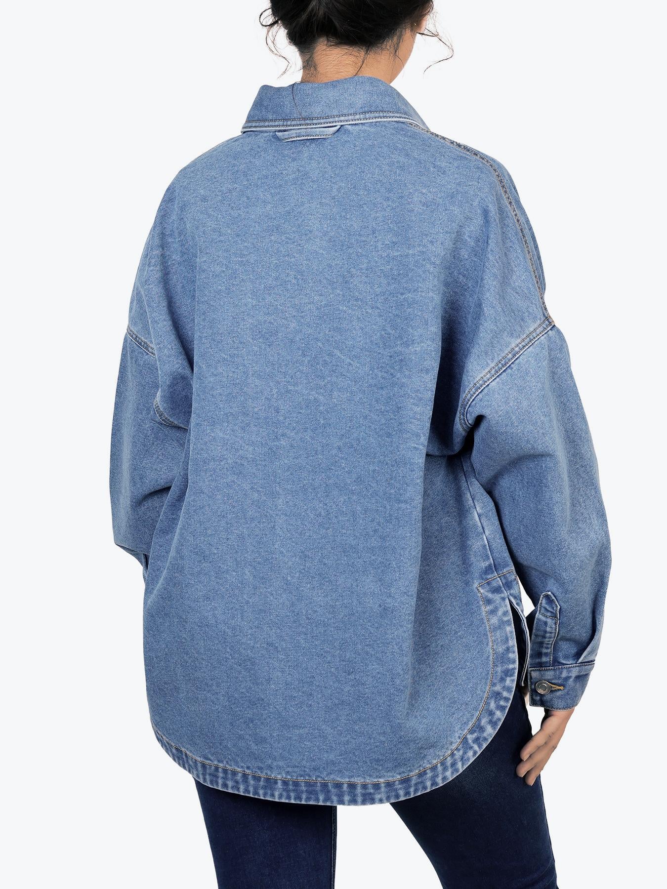 Women’s Denim Shacket Jacket, Oversized Button Down Jean Shirt Jacket with Chest Pockets, Vintage Western Casual Outerwear