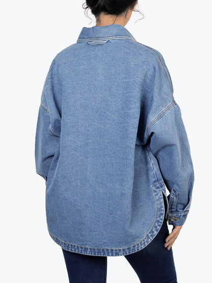 Women’s Denim Shacket Jacket, Oversized Button Down Jean Shirt Jacket with Chest Pockets, Vintage Western Casual Outerwear