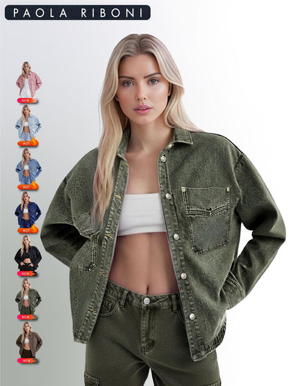 Women’s Denim Shacket Jacket, Oversized Button Down Jean Shirt Jacket with Chest Pockets, Vintage Western Casual Outerwear
